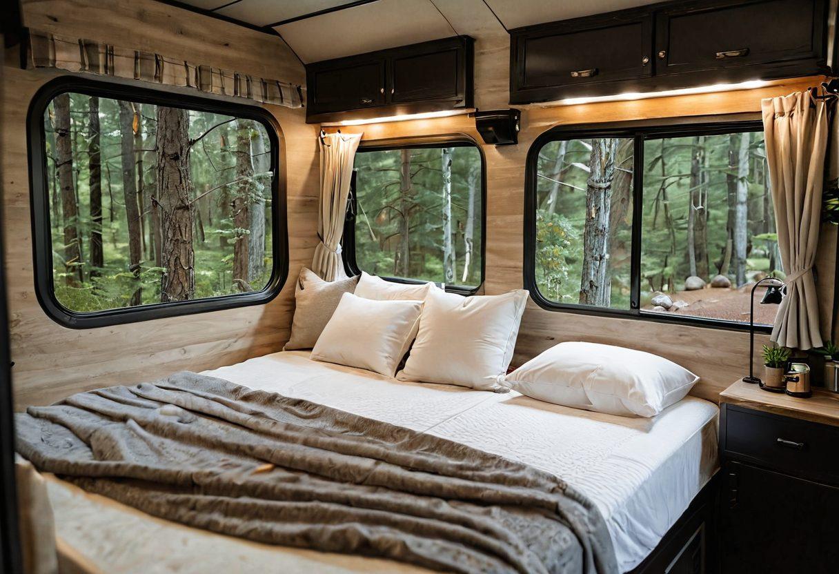 A serene RV interior showcasing a beautifully made bed with a plush mattress, framed by warm, inviting lighting. A window reveals a picturesque forest view, suggesting peace and tranquility. Soft pillows and cozy blankets create an inviting atmosphere. Include a small nightstand with a book and a cup of herbal tea to emphasize relaxation. super-realistic. vibrant colors. warm tones.
