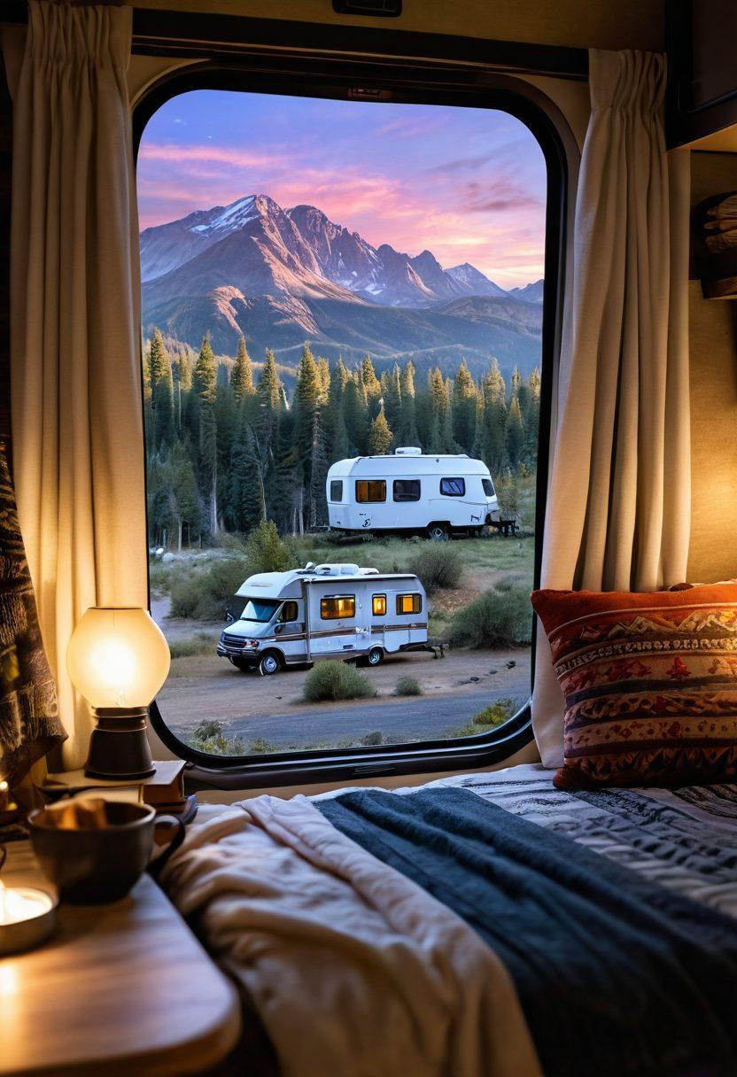 A cozy RV interior showcasing plush bedding, soft pillows, and warm blankets, illuminated by soft, ambient lighting. The scene includes a window showing a serene camping landscape with trees and mountains in the background. Add small personal touches like books and a steaming mug beside the bed for a homey feel. super-realistic. warm colors.