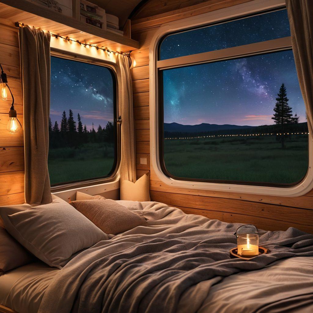 A cozy, inviting interior of a recreational vehicle at night, featuring a comfortable bed with soft, warm blankets and a gentle glow from string lights. A window showcases a starlit sky and a campfire in the distance, creating a peaceful ambiance. Soft pillows and a small bookshelf filled with cheerful titles enhance the joyful atmosphere. Illustrate a couple enjoying a restful and serene moment together, embodying relaxation and comfort. super-realistic. vibrant colors. ambient lighting.